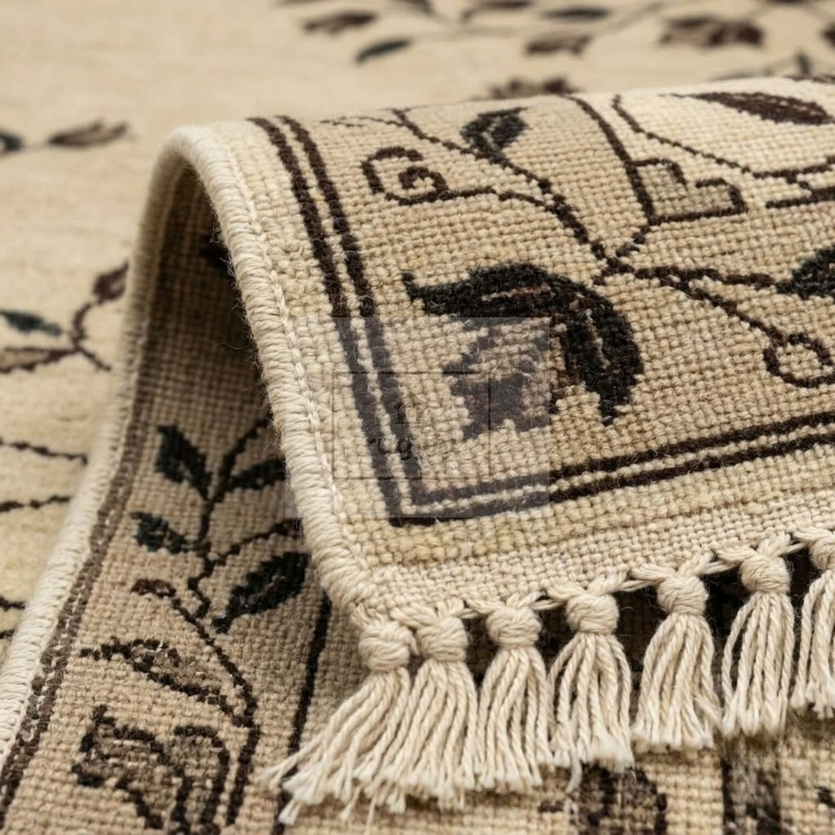 Beige & Dark Brown Floral Oushak Rug | Hand-Knotted Wool Area Rug 8x10 9x12 | Neutral Tulip Vine Transitional Living Room Rug
