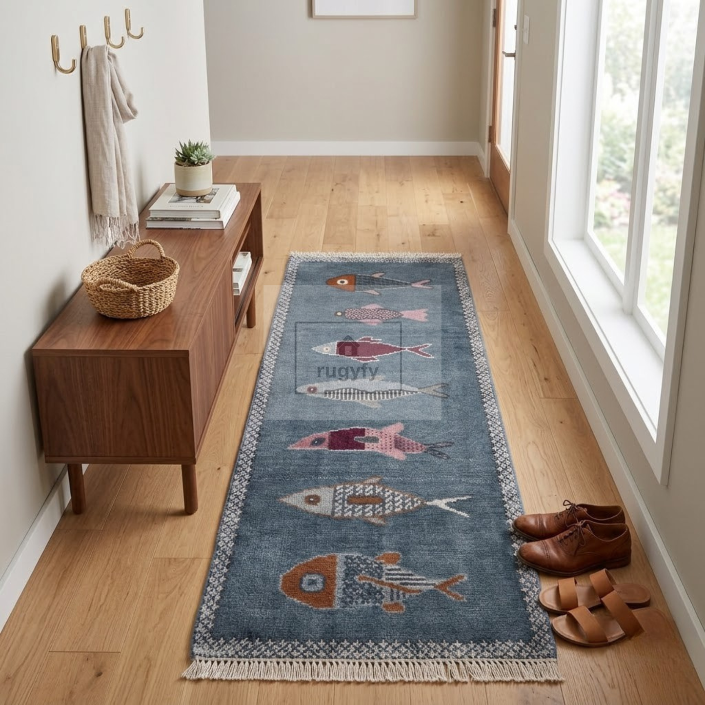 Denim Blue Fish Motif Hand-Knotted Wool Rug | Coastal Pictorial Runner for Kitchen &amp; Entryway