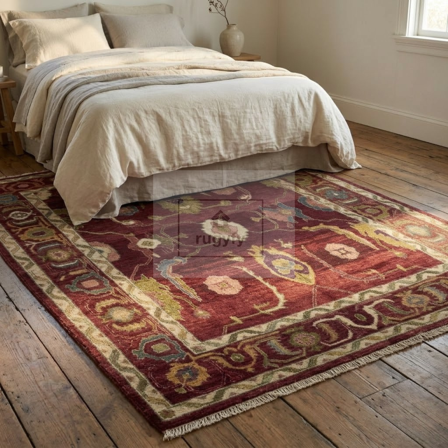 Burgundy & Ivory Hand-Knotted Wool Oushak Rug | Sultanabad Botanical Anatolian Area Rug