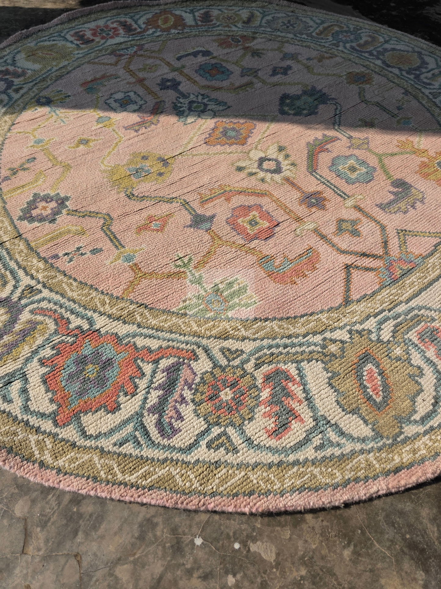 Blush &amp; Teal Hand-Knotted Wool Oushak Rug | Floral Medallion Anatolian Area Rug for Living Room