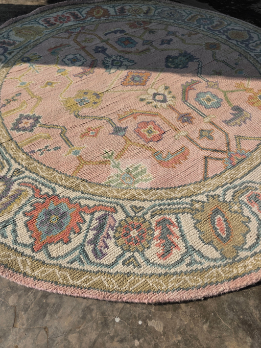 Blush &amp; Teal Hand-Knotted Wool Oushak Rug | Floral Medallion Anatolian Area Rug for Living Room