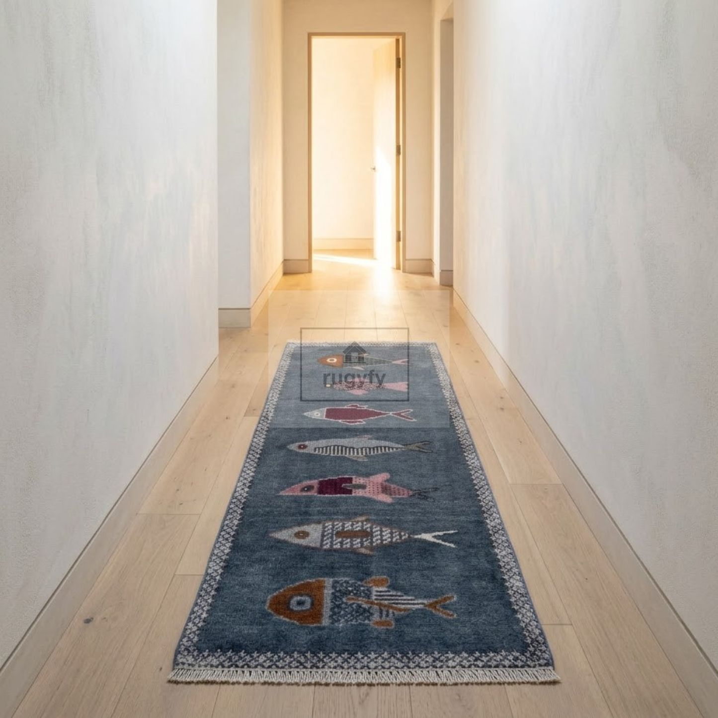 Denim Blue Fish Motif Hand-Knotted Wool Rug | Coastal Pictorial Runner for Kitchen &amp; Entryway