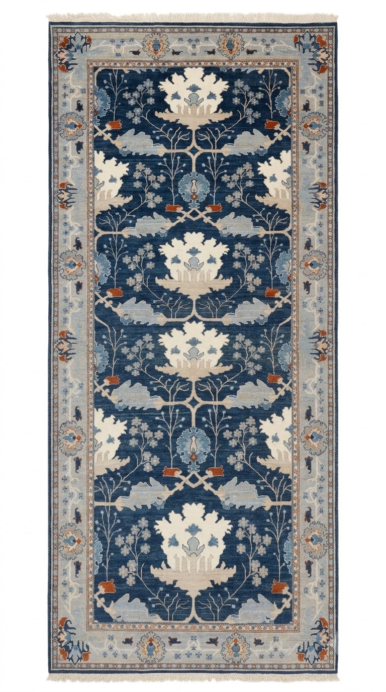 Custom Order for Kate – Blue & White Modern Oushak Runner Rug 3.5 x 15 ft, Hand-Knotted Wool