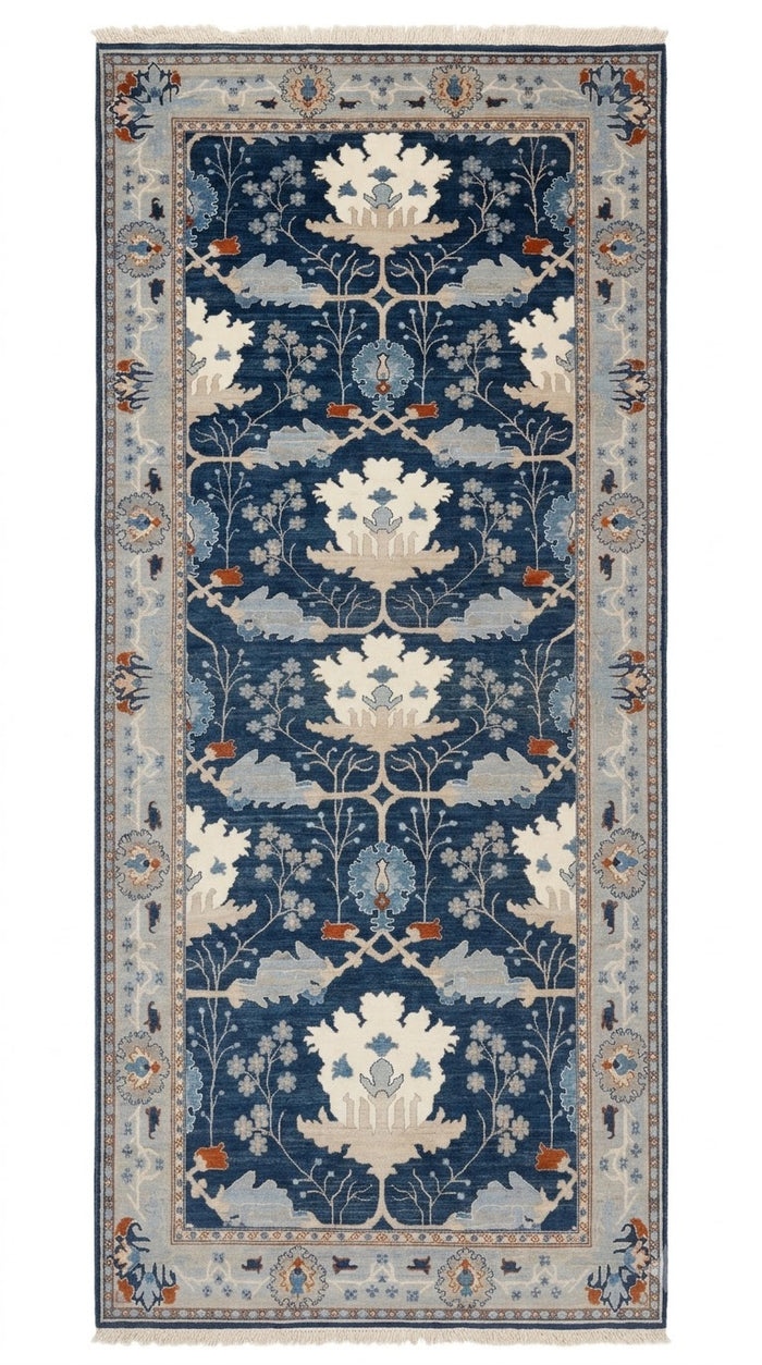 Custom Order for Kate – Blue & White Modern Oushak Runner Rug 3.5 x 15 ft, Hand-Knotted Wool