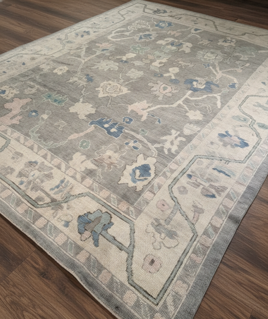 Greige &amp; Blue Hand-Knotted Wool Oushak Rug | Floral Anatolian Area Rug for Living Room