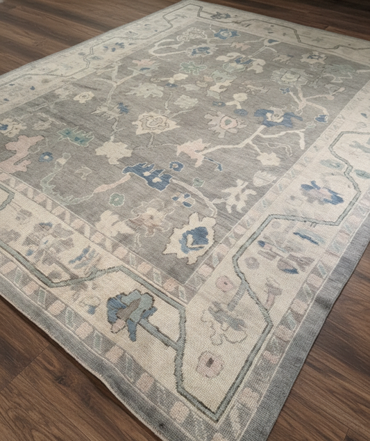 Greige &amp; Blue Hand-Knotted Wool Oushak Rug | Floral Anatolian Area Rug for Living Room