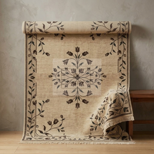 Beige & Dark Brown Floral Oushak Rug | Hand-Knotted Wool Area Rug 8x10 9x12 | Neutral Tulip Vine Transitional Living Room Rug