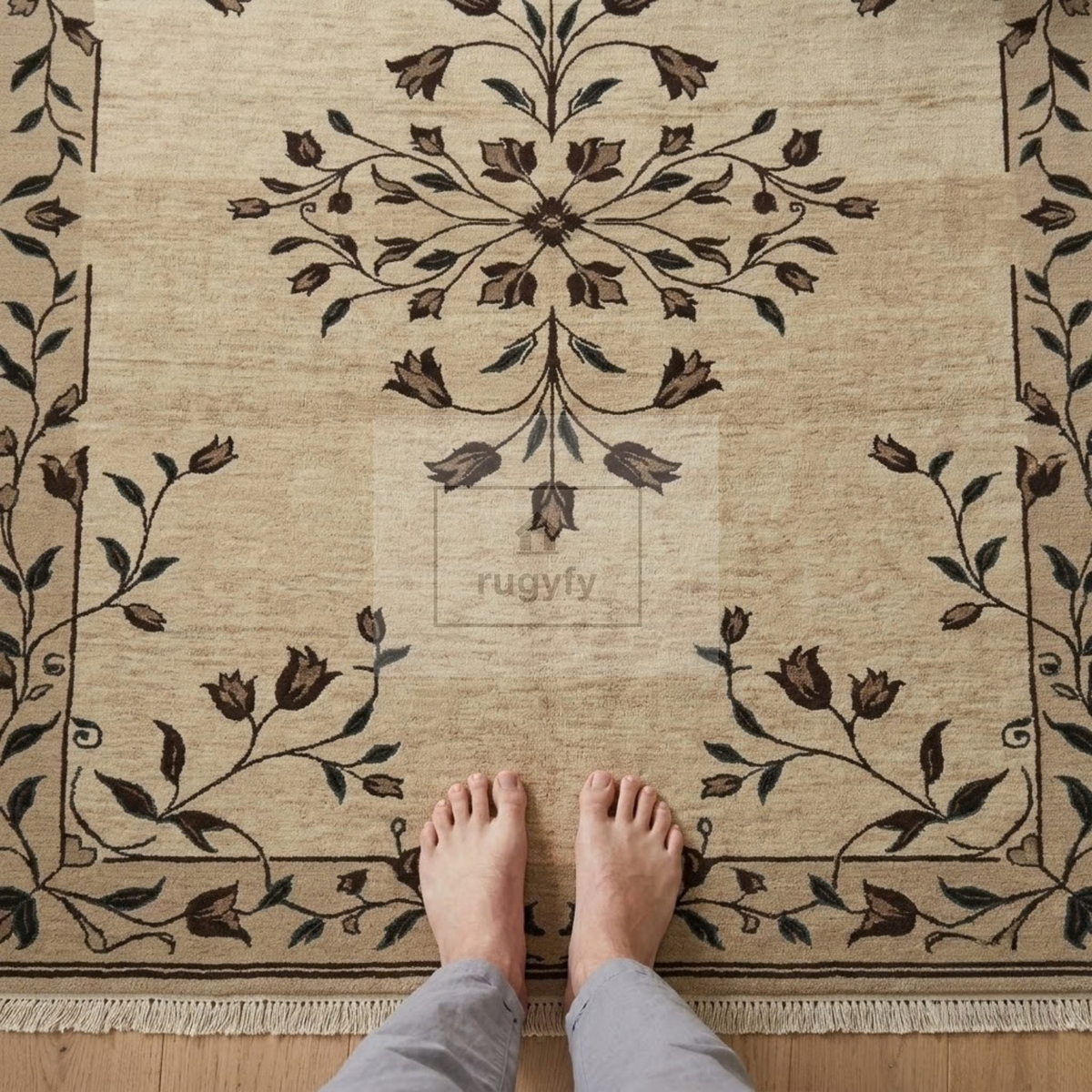 Beige & Dark Brown Floral Oushak Rug | Hand-Knotted Wool Area Rug 8x10 9x12 | Neutral Tulip Vine Transitional Living Room Rug