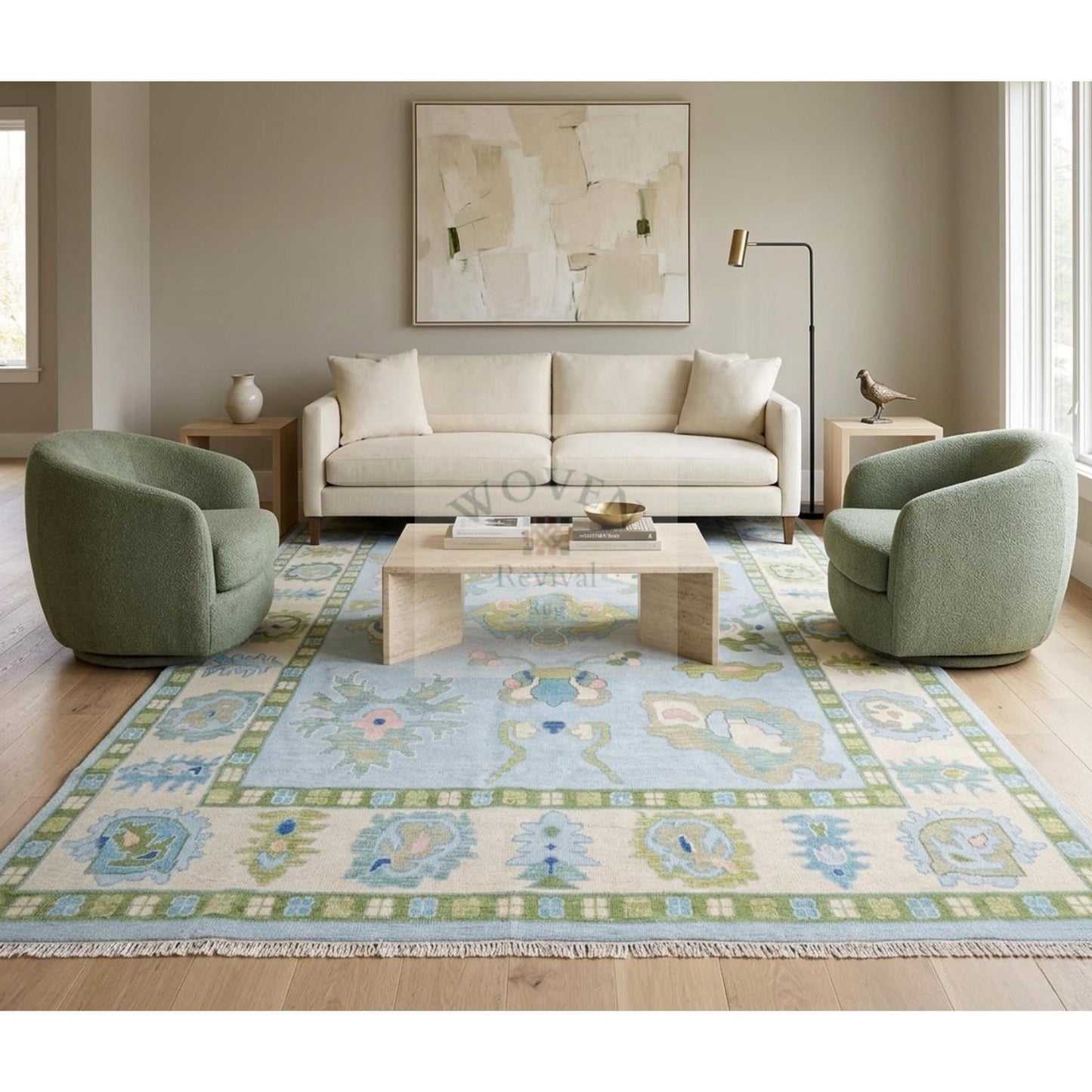 Powder Blue & Sage Green Hand-Knotted Wool Rug | Suzani Floral Oushak Area Rug for Living Room