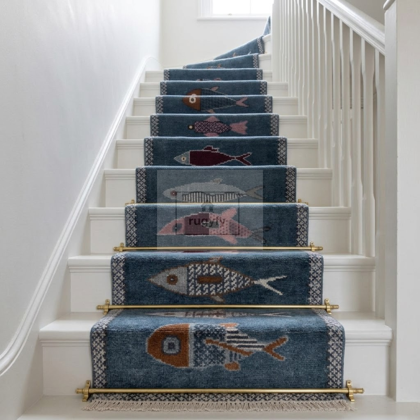 Denim Blue Fish Motif Hand-Knotted Wool Rug | Coastal Pictorial Runner for Kitchen &amp; Entryway