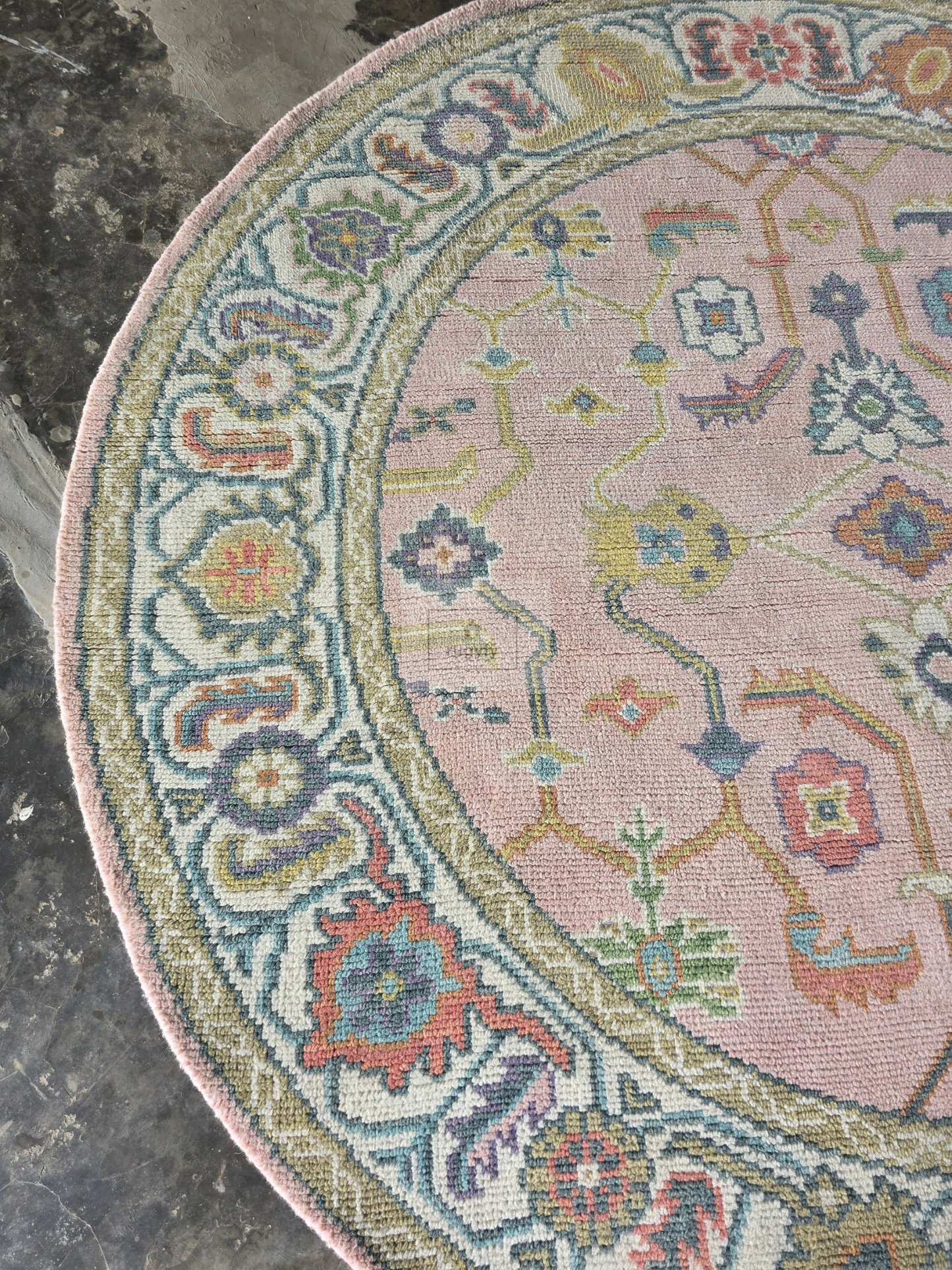 Blush &amp; Teal Hand-Knotted Wool Oushak Rug | Floral Medallion Anatolian Area Rug for Living Room