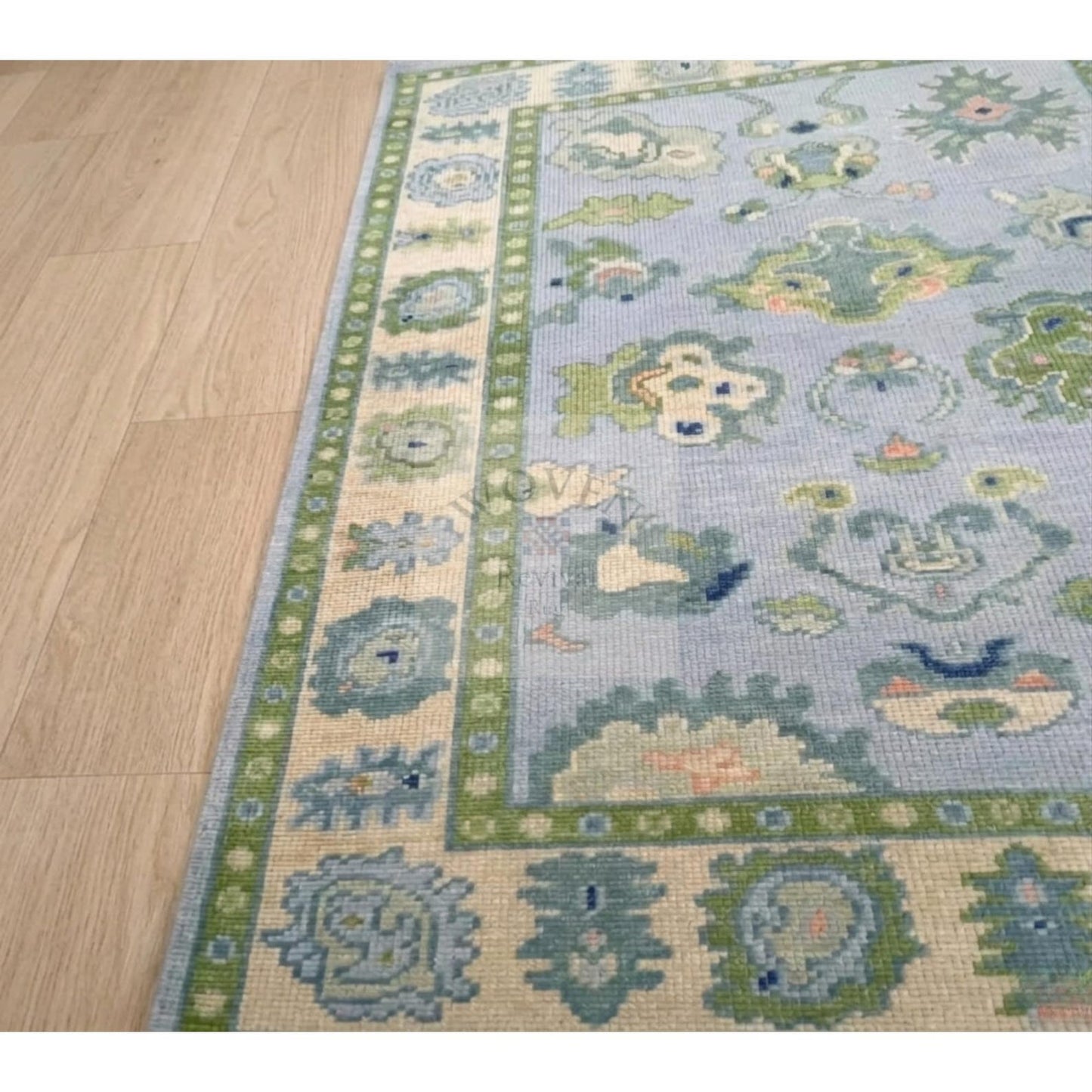 Powder Blue & Sage Green Hand-Knotted Wool Rug | Suzani Floral Oushak Area Rug for Living Room