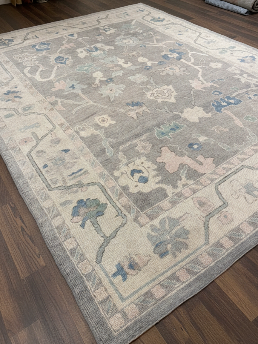 Greige &amp; Blue Hand-Knotted Wool Oushak Rug | Floral Anatolian Area Rug for Living Room