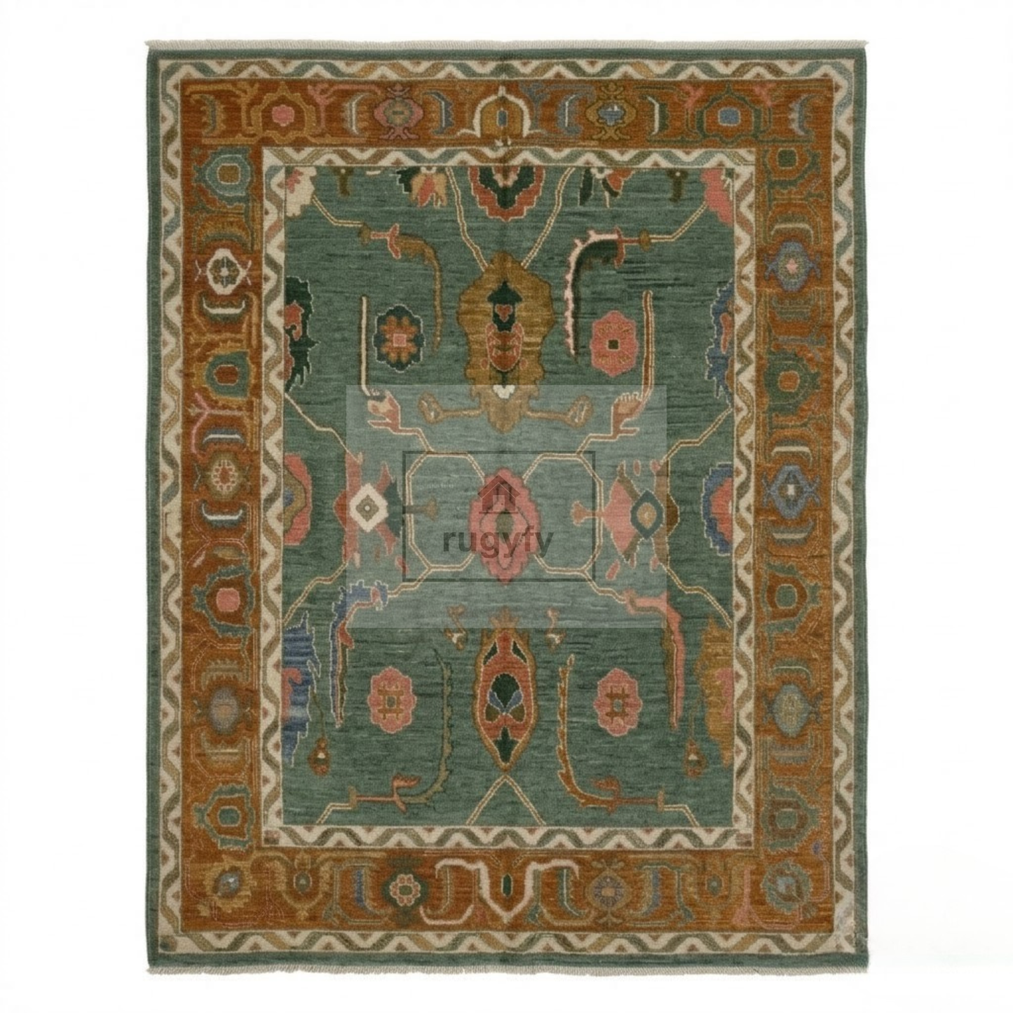 Teal & Amber Hand-Knotted Wool Oushak Rug | Scattered Floral Anatolian Area Rug for Living Room