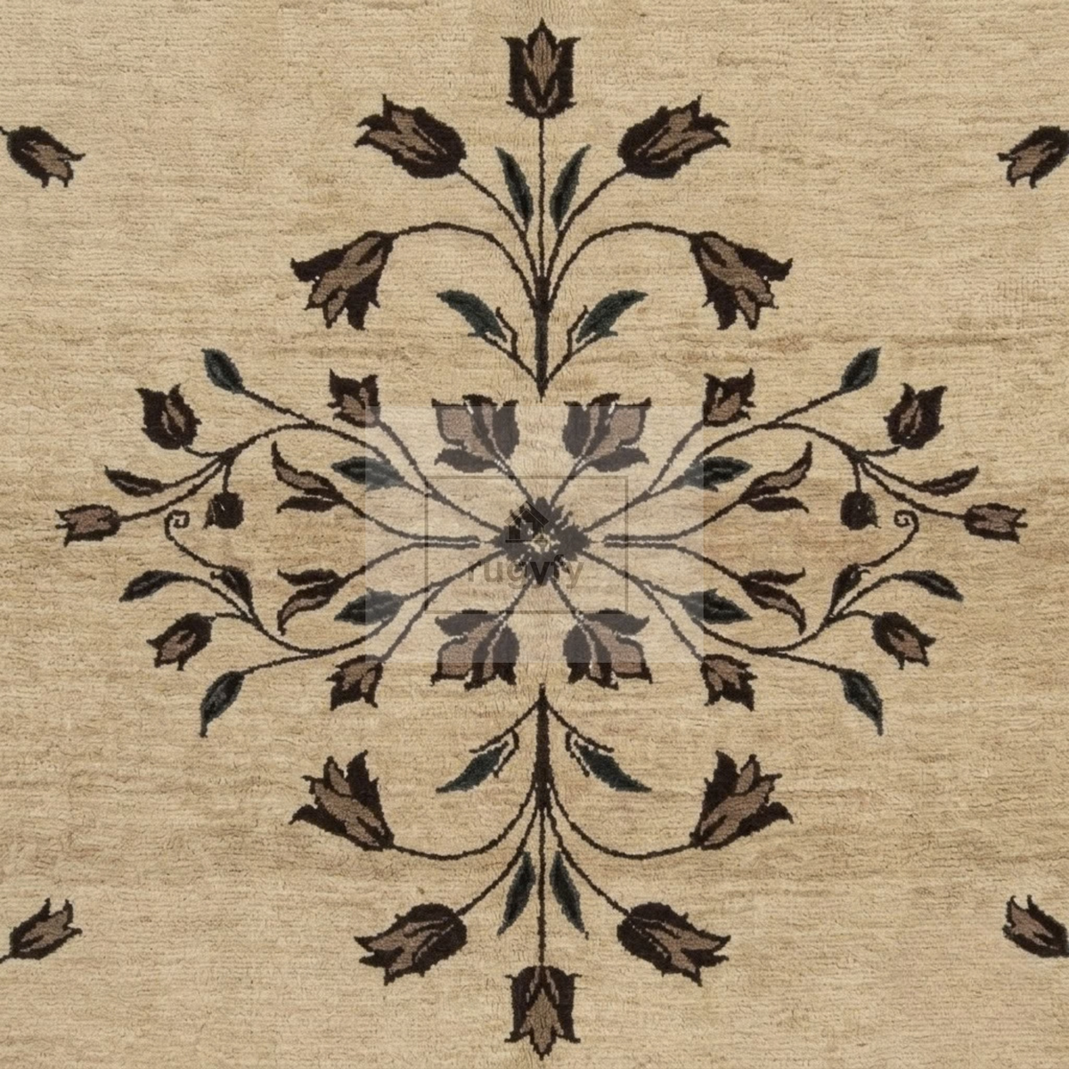 Beige & Dark Brown Floral Oushak Rug | Hand-Knotted Wool Area Rug 8x10 9x12 | Neutral Tulip Vine Transitional Living Room Rug
