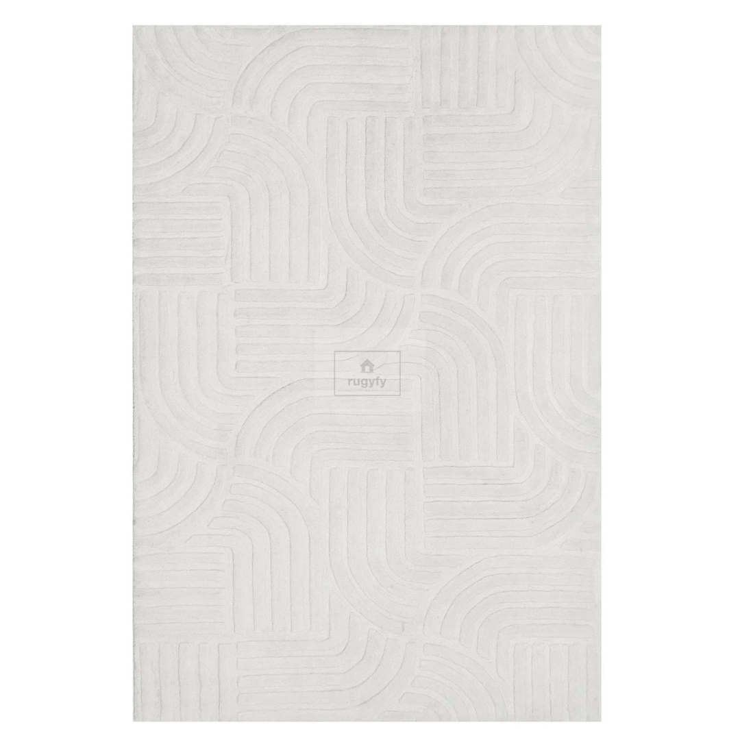 Ivory Carved Geometric Rug | 8x10 9x12 ft Hand-Tufted Wool | Textured High-Low Modern Area Rug