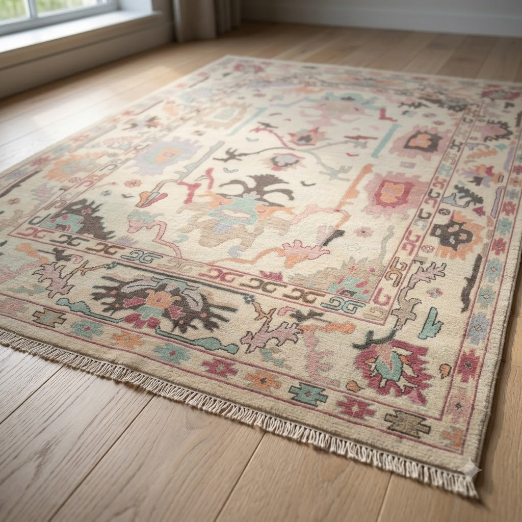 Ivory & Blush Hand-Knotted Wool Rug | Pastel Oushak Botanical Area Rug for Living Room