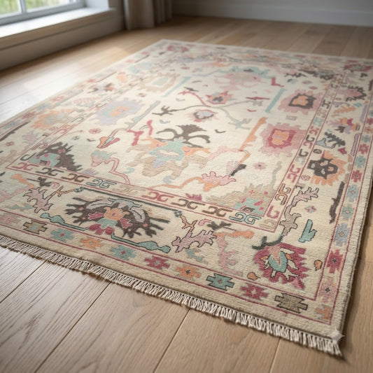 Ivory & Blush Hand-Knotted Wool Rug | Pastel Oushak Botanical Area Rug for Living Room