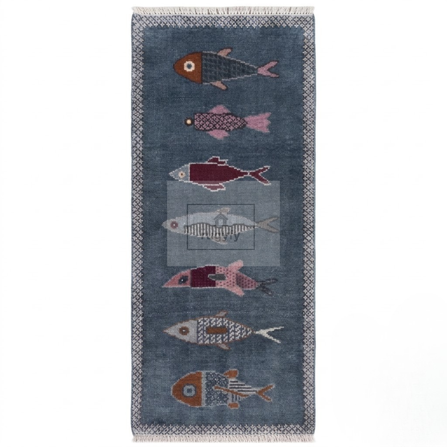 Denim Blue Fish Motif Hand-Knotted Wool Rug | Coastal Pictorial Runner for Kitchen &amp; Entryway