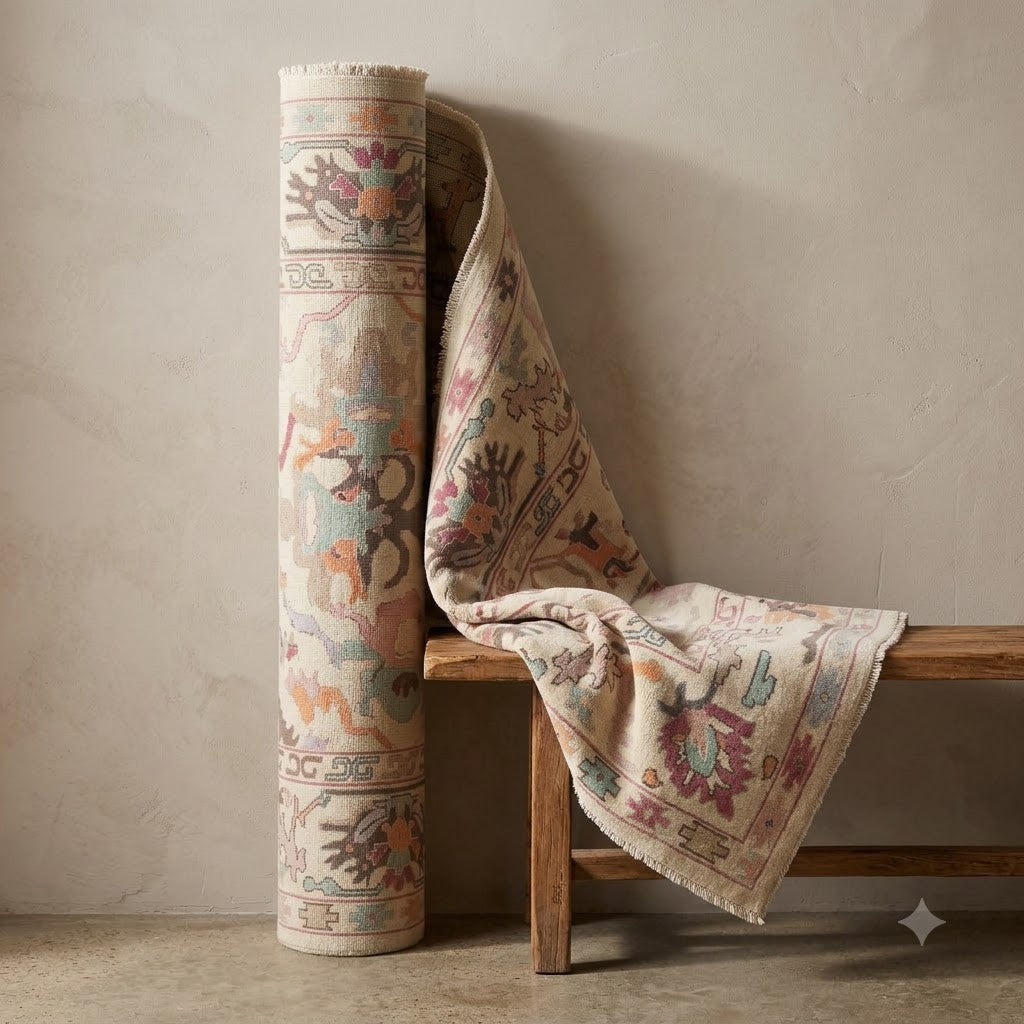 Ivory & Blush Hand-Knotted Wool Rug | Pastel Oushak Botanical Area Rug for Living Room