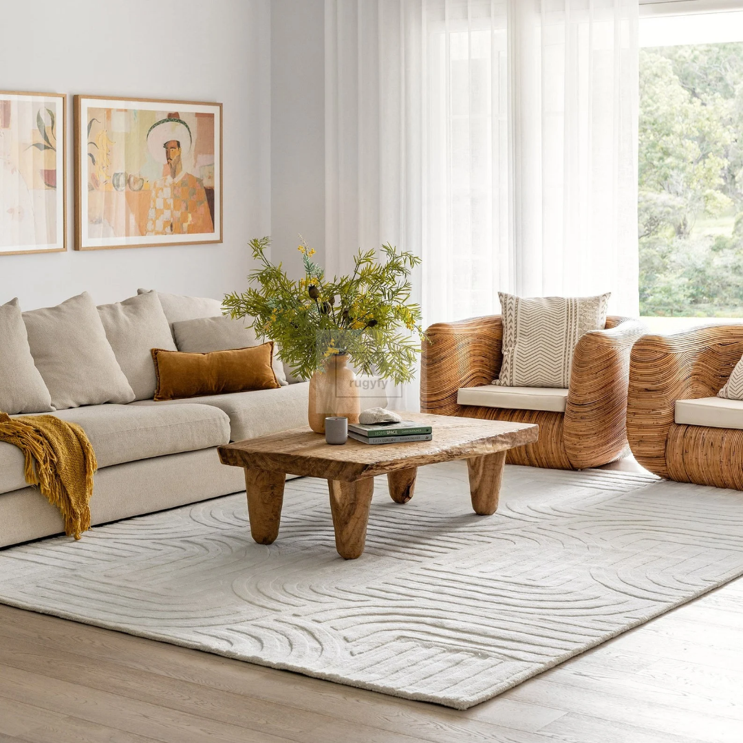 Ivory Carved Geometric Rug | 8x10 9x12 ft Hand-Tufted Wool | Textured High-Low Modern Area Rug