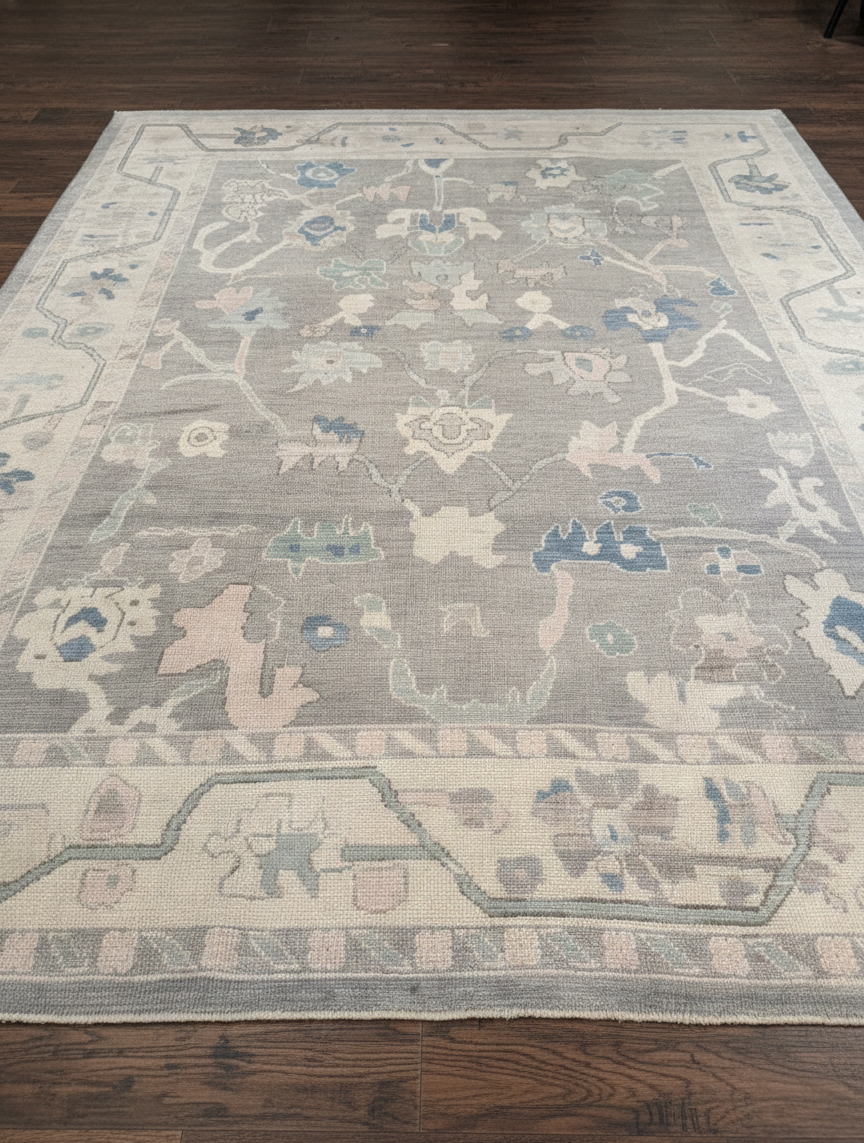 Greige &amp; Blue Hand-Knotted Wool Oushak Rug | Floral Anatolian Area Rug for Living Room