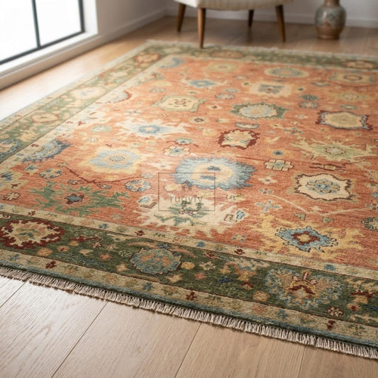8x10 & 9x12 Hand-Knotted Wool Area Rug | Terracotta Anatolian Oushak Rug for Dining Room & Bedroom