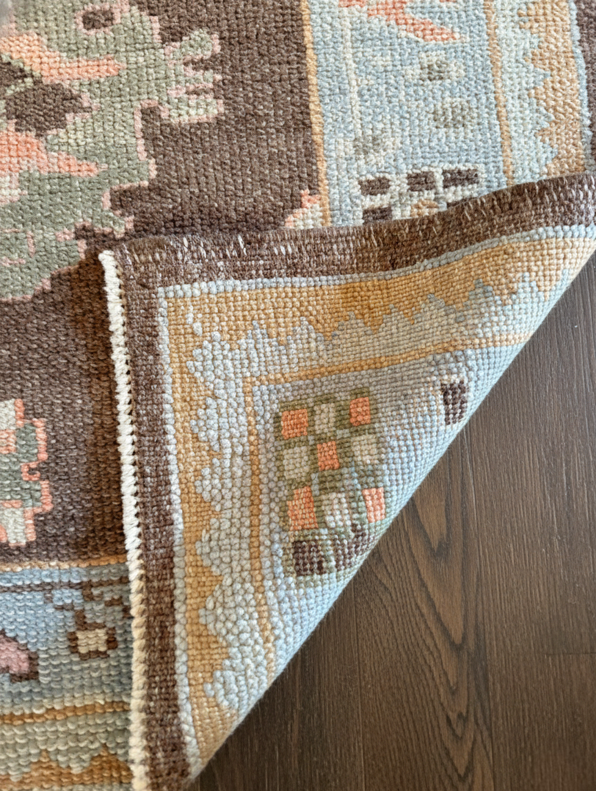Mocha &amp; Ice Blue Hand-Knotted Wool Oushak Rug | Multi-Colour Floral Anatolian Area Rug for Bedroom