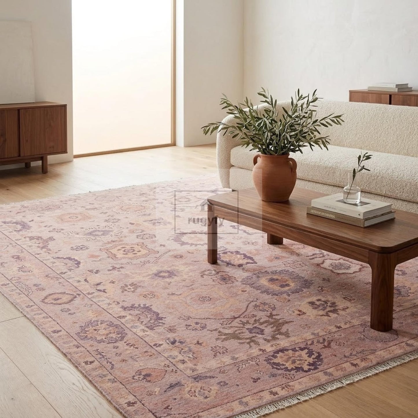 Faded Dusty Rose Oushak Rug | Hand-Knotted Wool Antique-Look Area Rug with Plum & Apricot