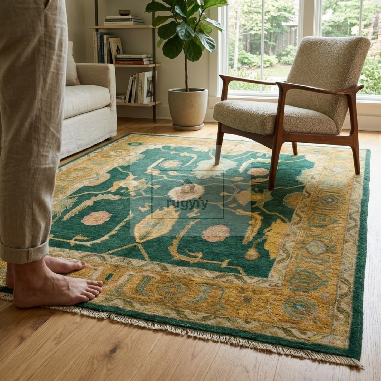 Forest Green & Gold Vintage Hand-Knotted Wool Oushak Rug | Abrash Anatolian Area Rug for Living Room