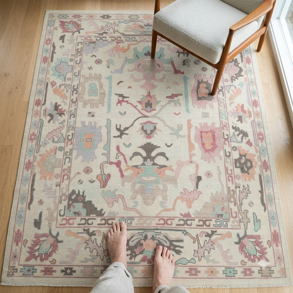 Ivory & Blush Hand-Knotted Wool Rug | Pastel Oushak Botanical Area Rug for Living Room