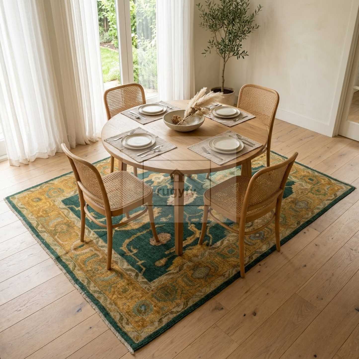 Forest Green & Gold Vintage Hand-Knotted Wool Oushak Rug | Abrash Anatolian Area Rug for Living Room