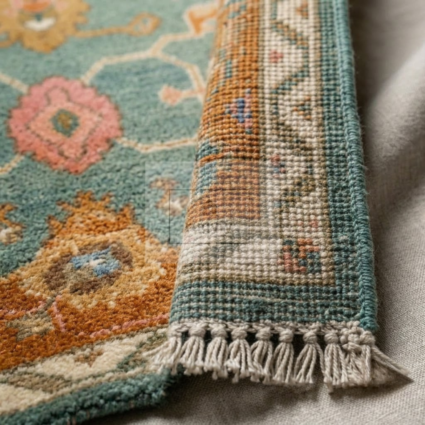 Teal & Amber Hand-Knotted Wool Oushak Rug | Scattered Floral Anatolian Area Rug for Living Room
