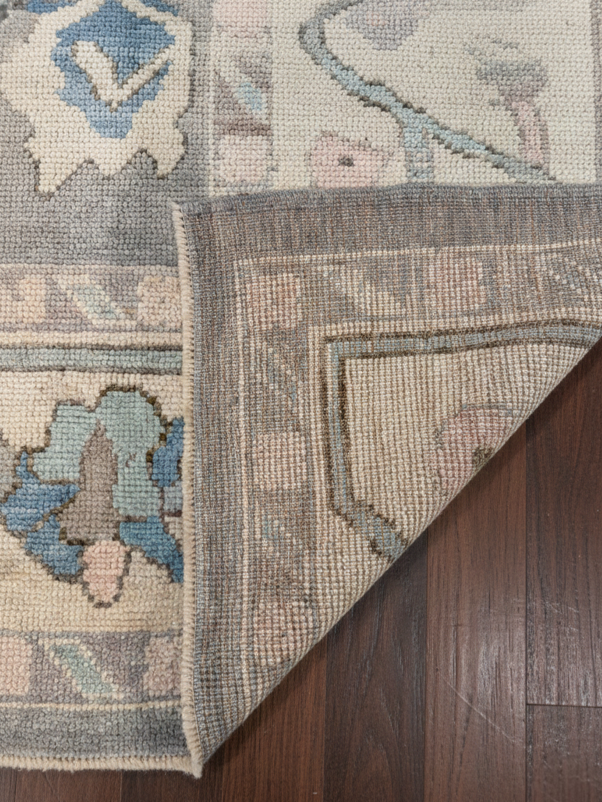 Greige &amp; Blue Hand-Knotted Wool Oushak Rug | Floral Anatolian Area Rug for Living Room