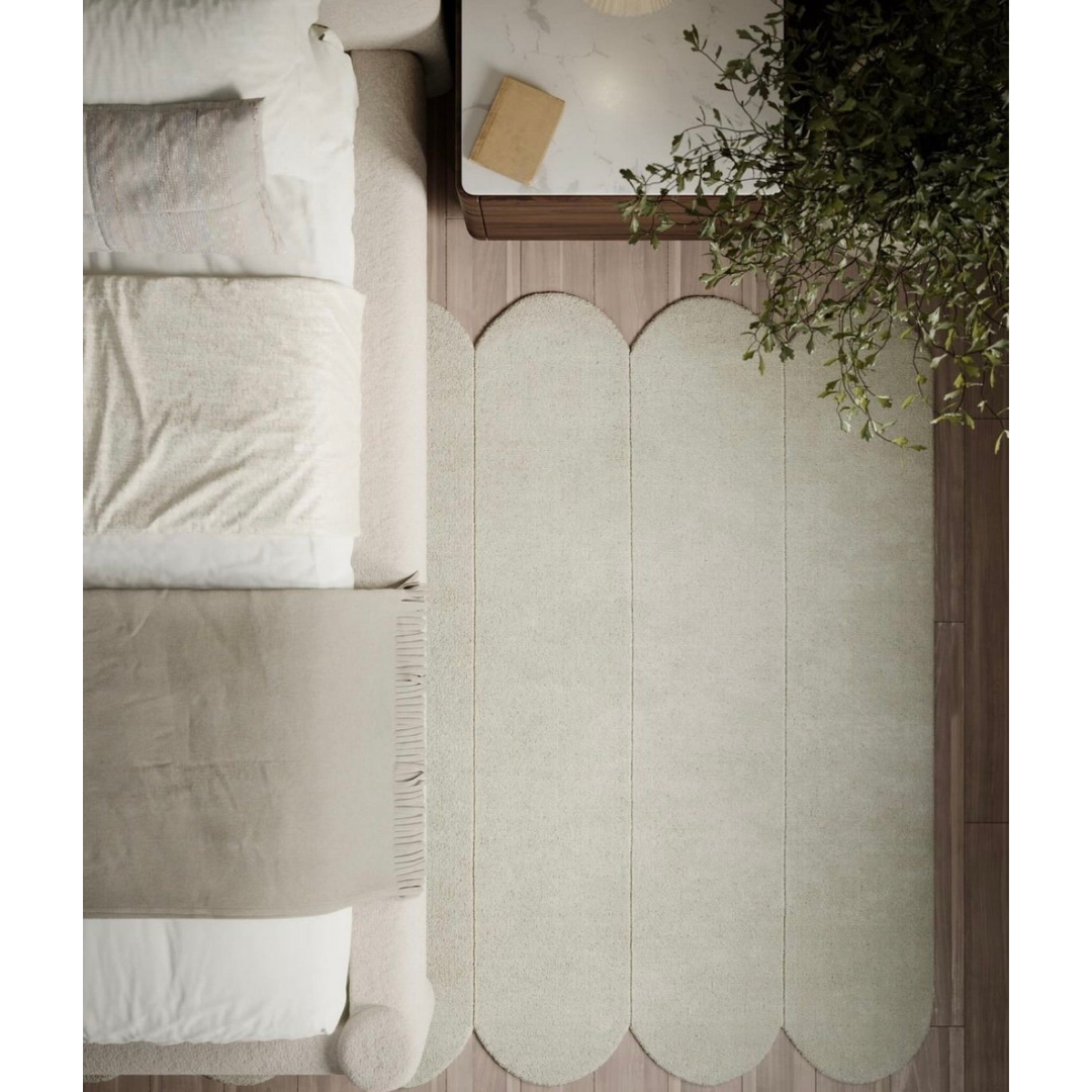 Sage Green Scalloped Edge Rug | 5x8 8x10 ft Hand-Tufted Wool | Plush Modern Bedroom Rug
