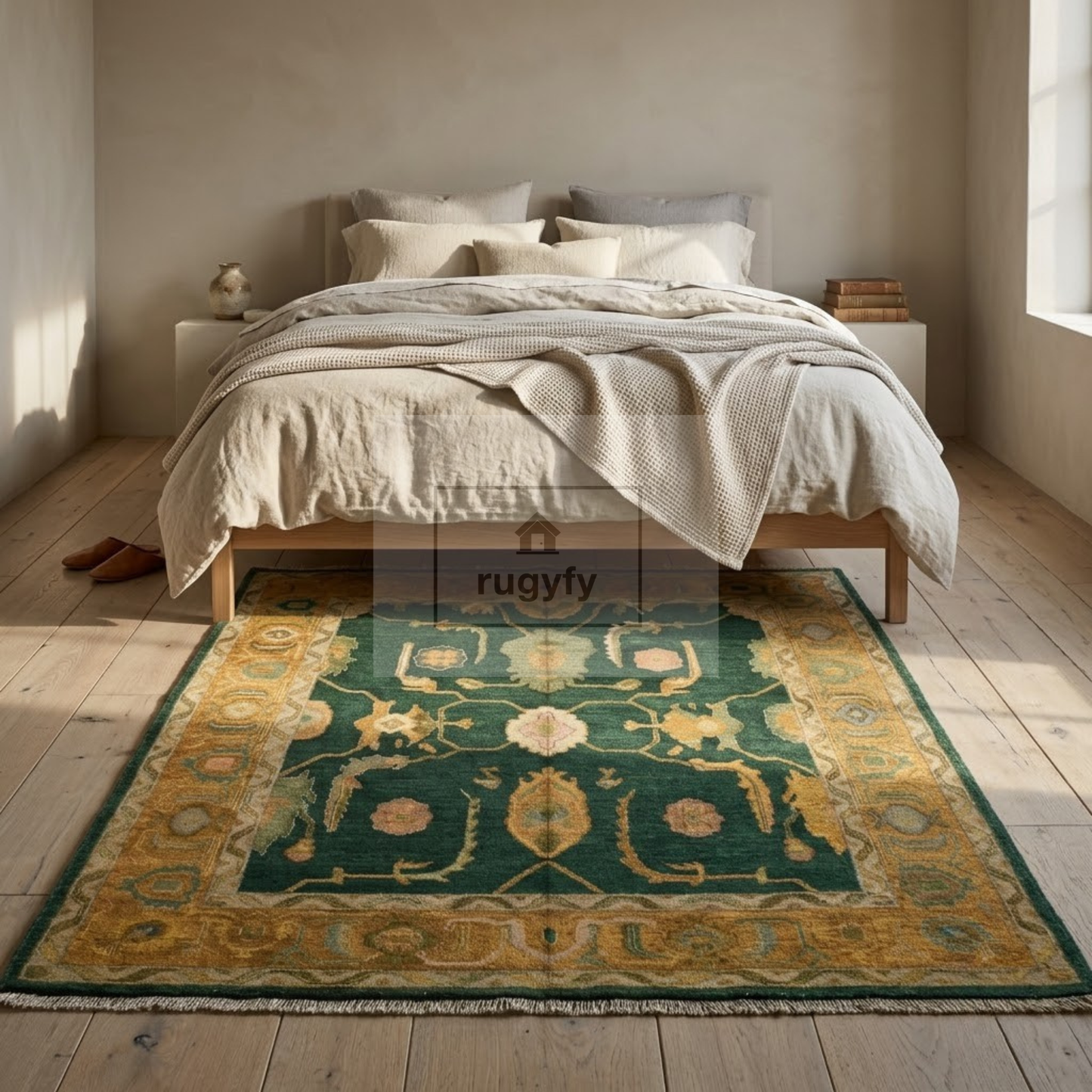 Forest Green & Gold Vintage Hand-Knotted Wool Oushak Rug | Abrash Anatolian Area Rug for Living Room