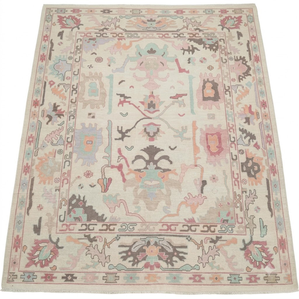 Ivory & Blush Hand-Knotted Wool Rug | Pastel Oushak Botanical Area Rug for Living Room