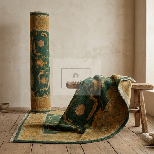 Forest Green & Gold Vintage Hand-Knotted Wool Oushak Rug | Abrash Anatolian Area Rug for Living Room