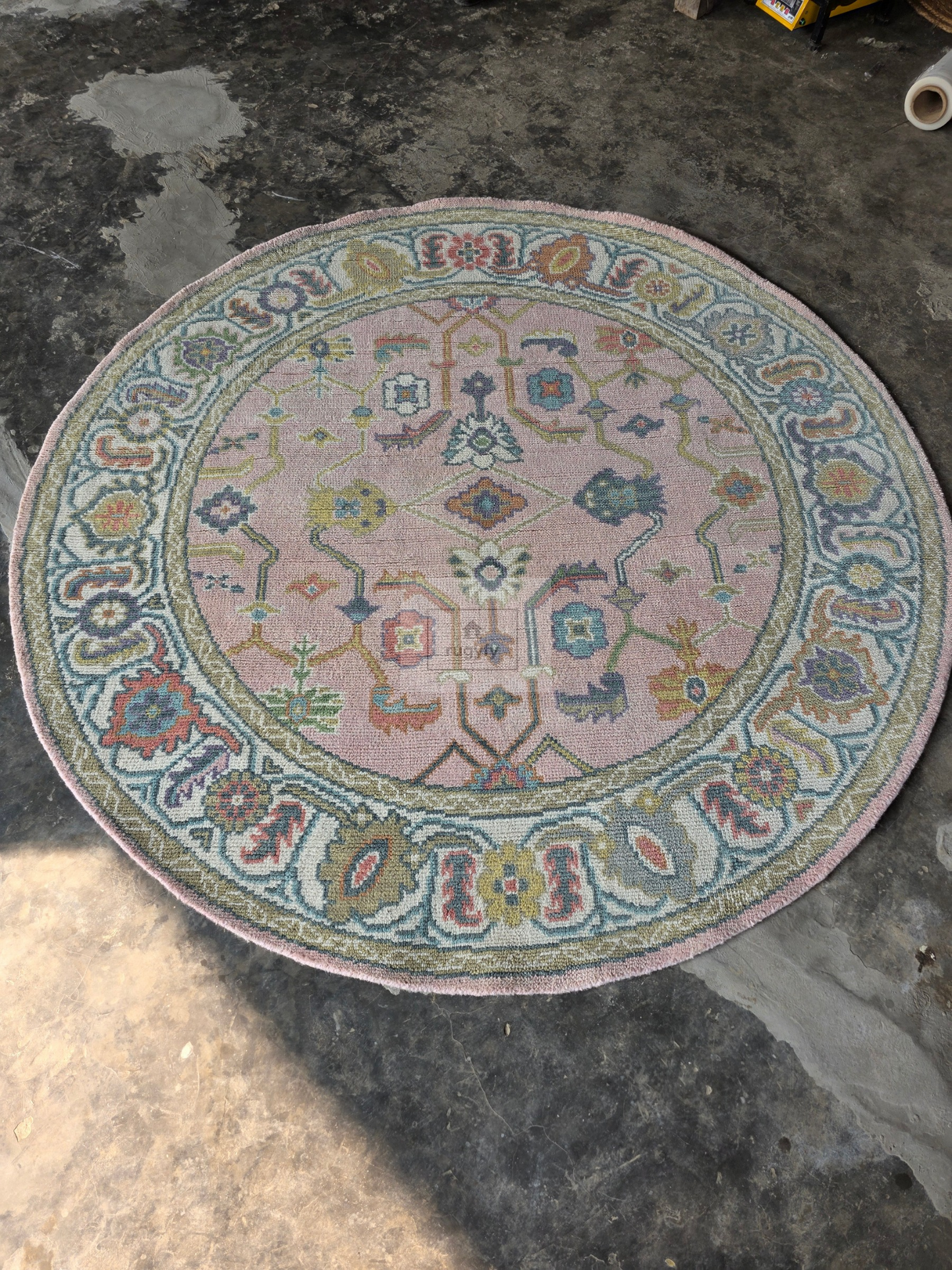 Blush &amp; Teal Hand-Knotted Wool Oushak Rug | Floral Medallion Anatolian Area Rug for Living Room
