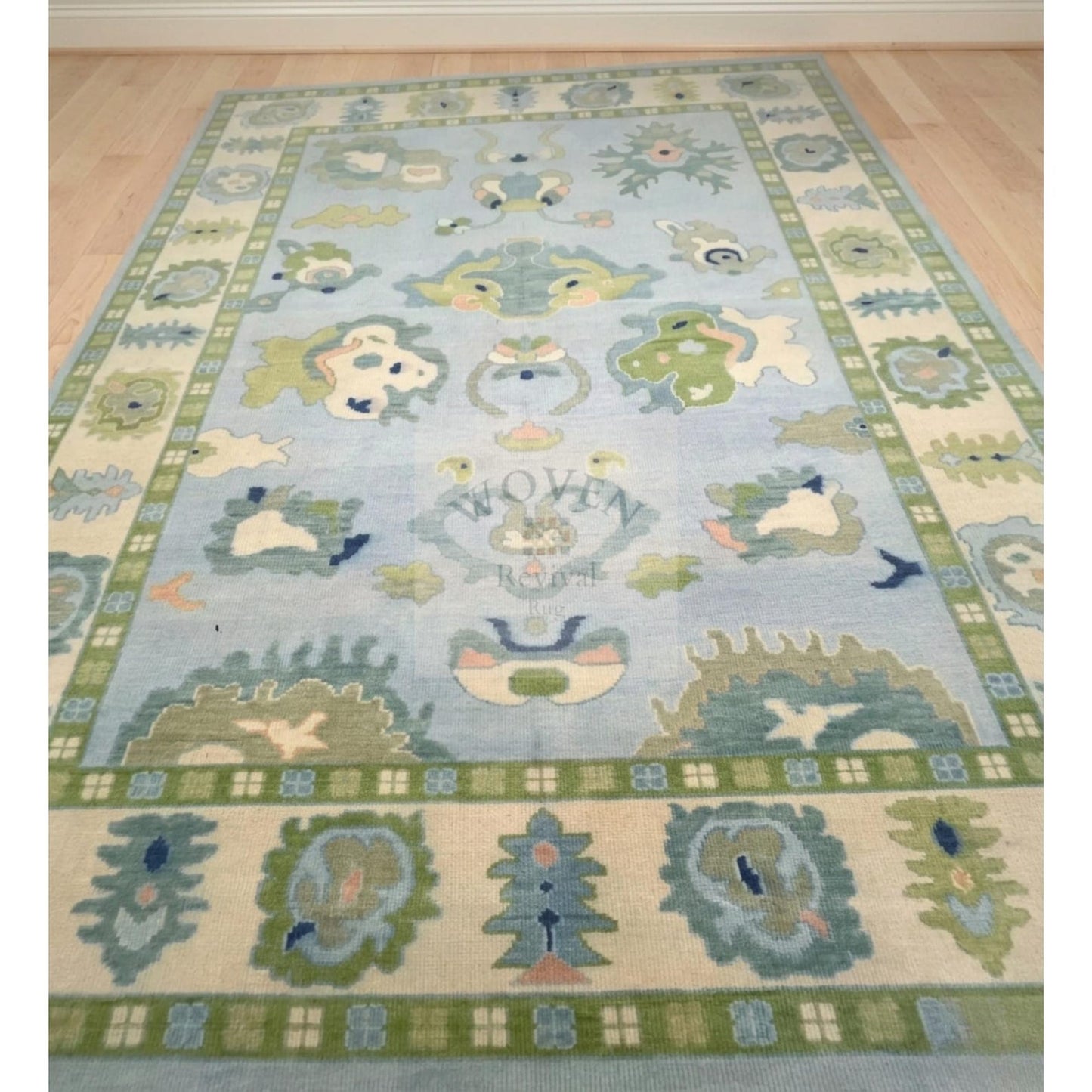 Powder Blue & Sage Green Hand-Knotted Wool Rug | Suzani Floral Oushak Area Rug for Living Room