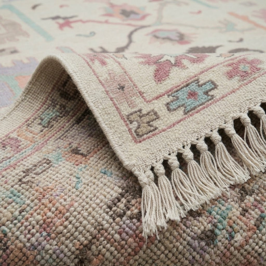 Ivory & Blush Hand-Knotted Wool Rug | Pastel Oushak Botanical Area Rug for Living Room