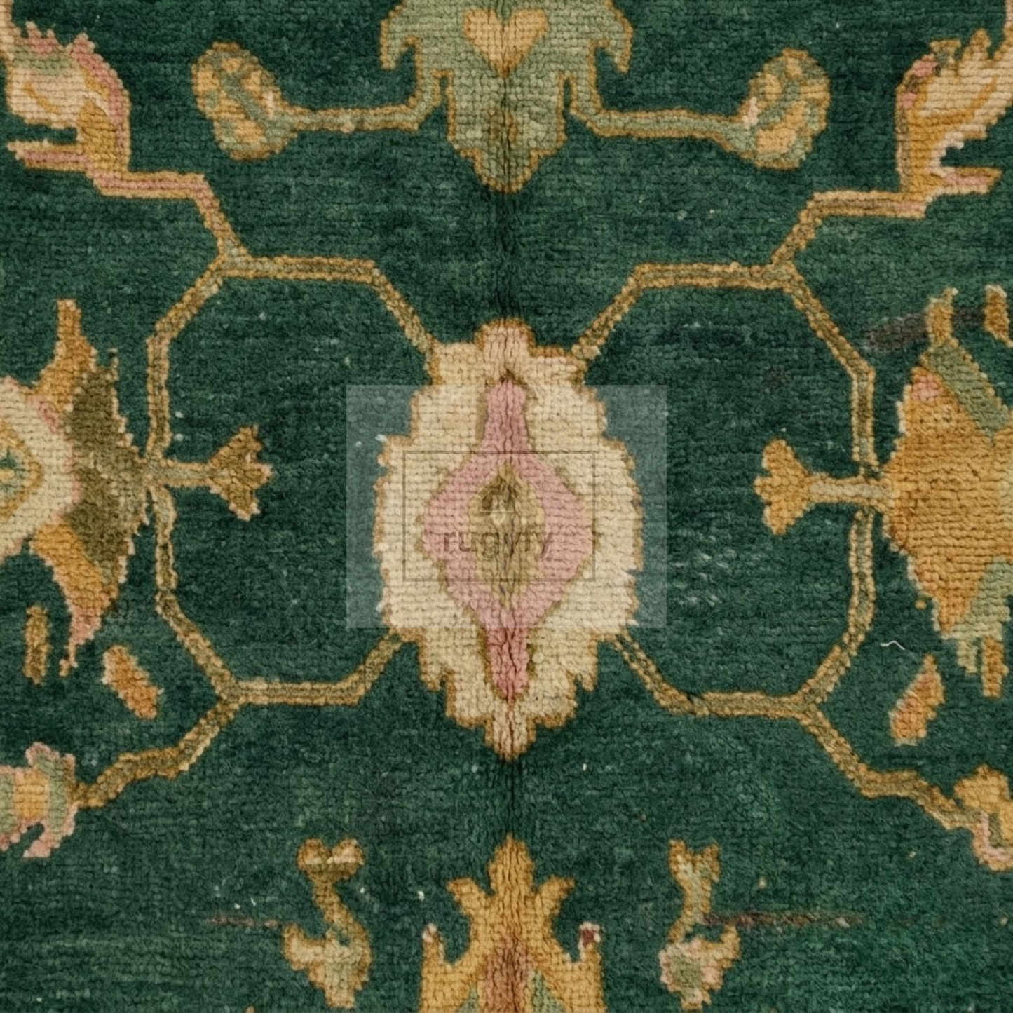Forest Green & Gold Vintage Hand-Knotted Wool Oushak Rug | Abrash Anatolian Area Rug for Living Room