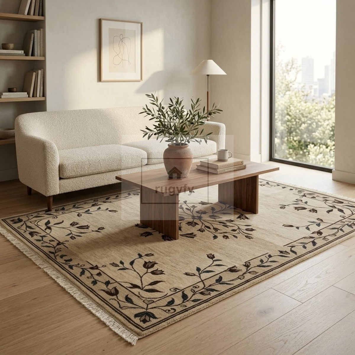 Beige & Dark Brown Floral Oushak Rug | Hand-Knotted Wool Area Rug 8x10 9x12 | Neutral Tulip Vine Transitional Living Room Rug