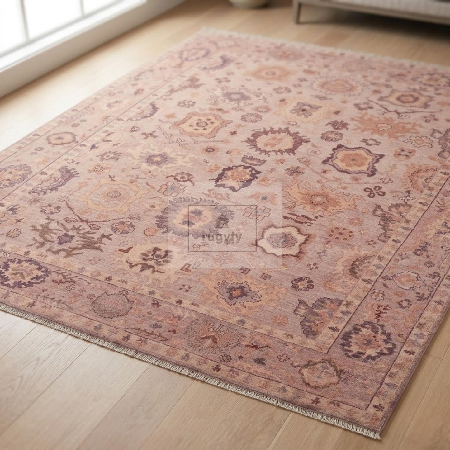 Faded Dusty Rose Oushak Rug | Hand-Knotted Wool Antique-Look Area Rug with Plum & Apricot