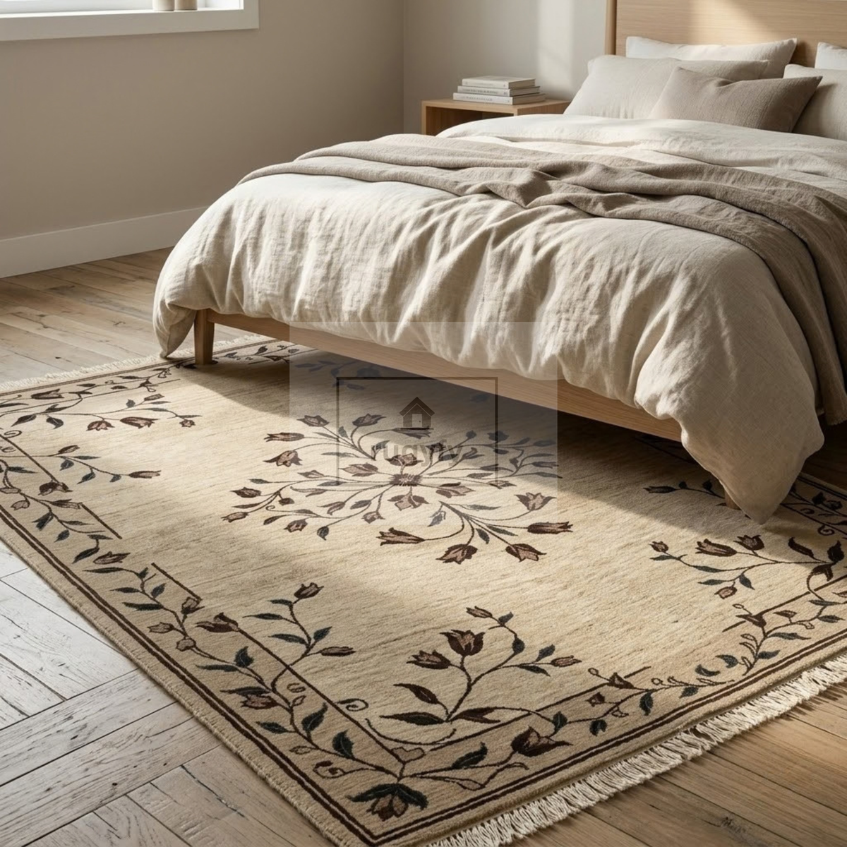 Beige & Dark Brown Floral Oushak Rug | Hand-Knotted Wool Area Rug 8x10 9x12 | Neutral Tulip Vine Transitional Living Room Rug