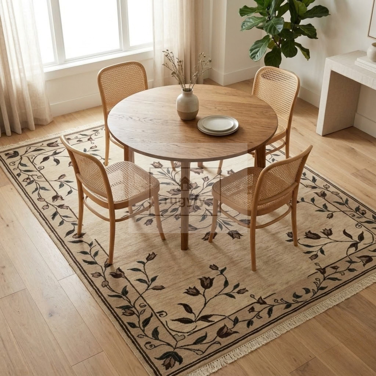 Beige & Dark Brown Floral Oushak Rug | Hand-Knotted Wool Area Rug 8x10 9x12 | Neutral Tulip Vine Transitional Living Room Rug