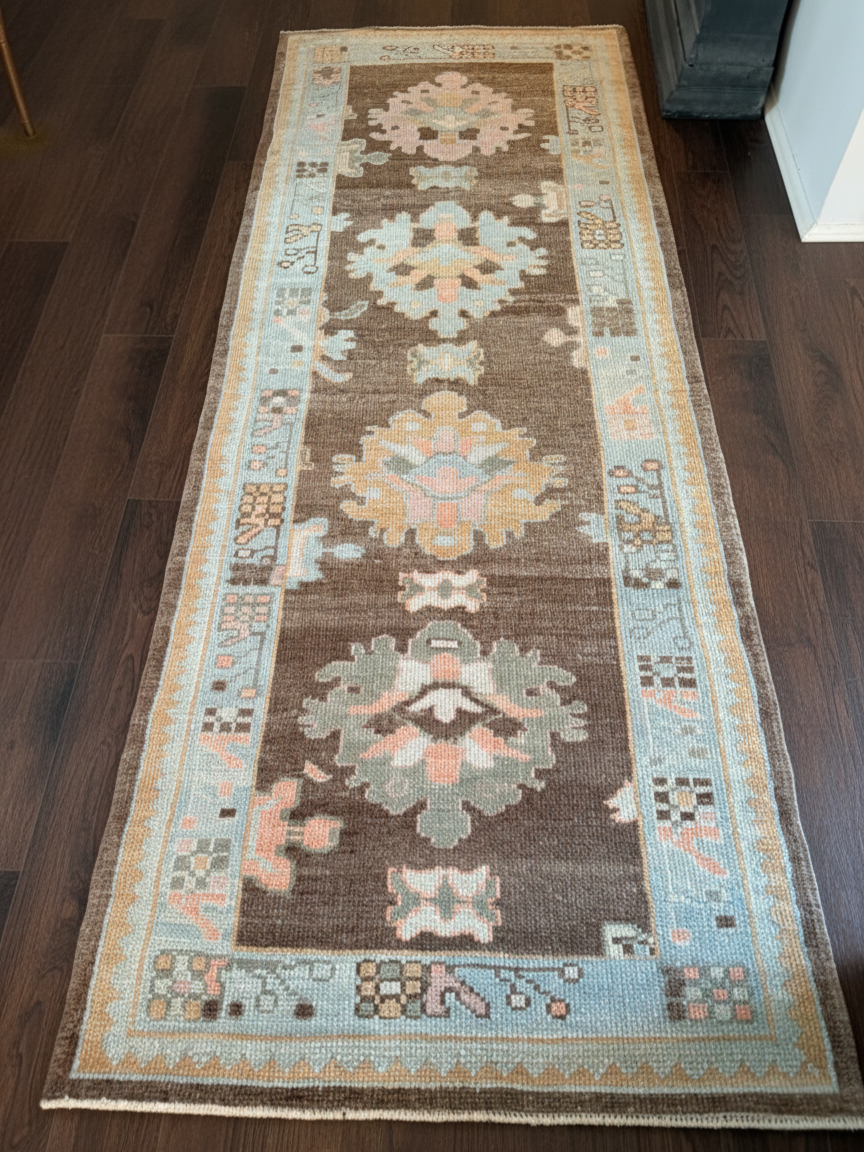 Mocha &amp; Ice Blue Hand-Knotted Wool Oushak Rug | Multi-Colour Floral Anatolian Area Rug for Bedroom