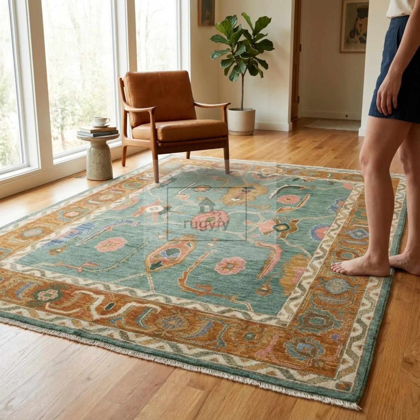 Teal & Amber Hand-Knotted Wool Oushak Rug | Scattered Floral Anatolian Area Rug for Living Room