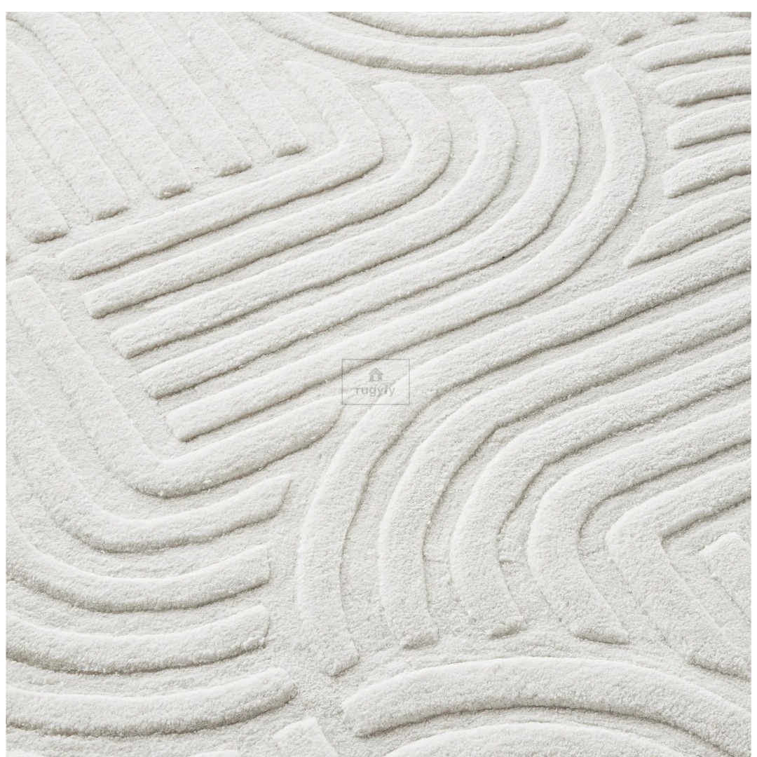 Ivory Carved Geometric Rug | 8x10 9x12 ft Hand-Tufted Wool | Textured High-Low Modern Area Rug
