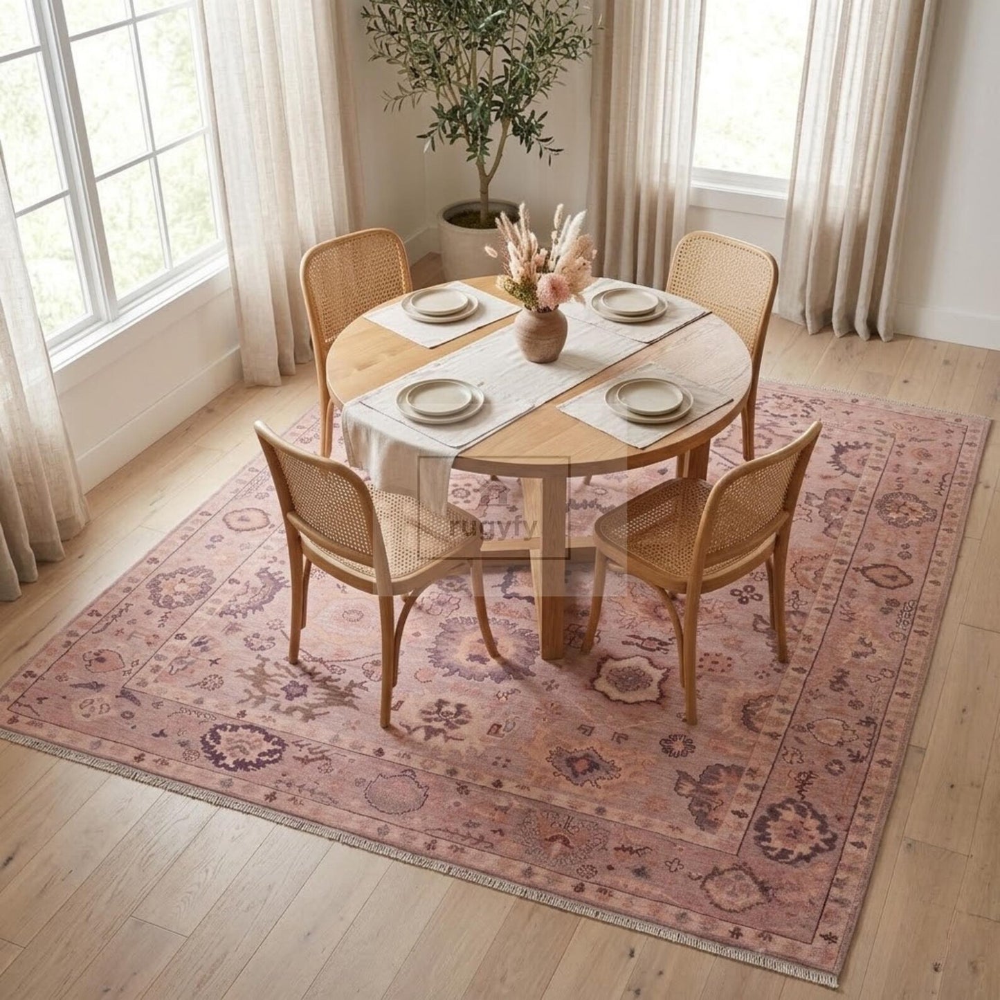 Faded Dusty Rose Oushak Rug | Hand-Knotted Wool Antique-Look Area Rug with Plum & Apricot